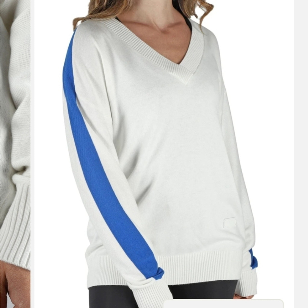 PAJAR NINA OFF WHITE V NECK WAFFLE KNIT COTTON BLEND OVERSIZED SWEATER LIKE NEW